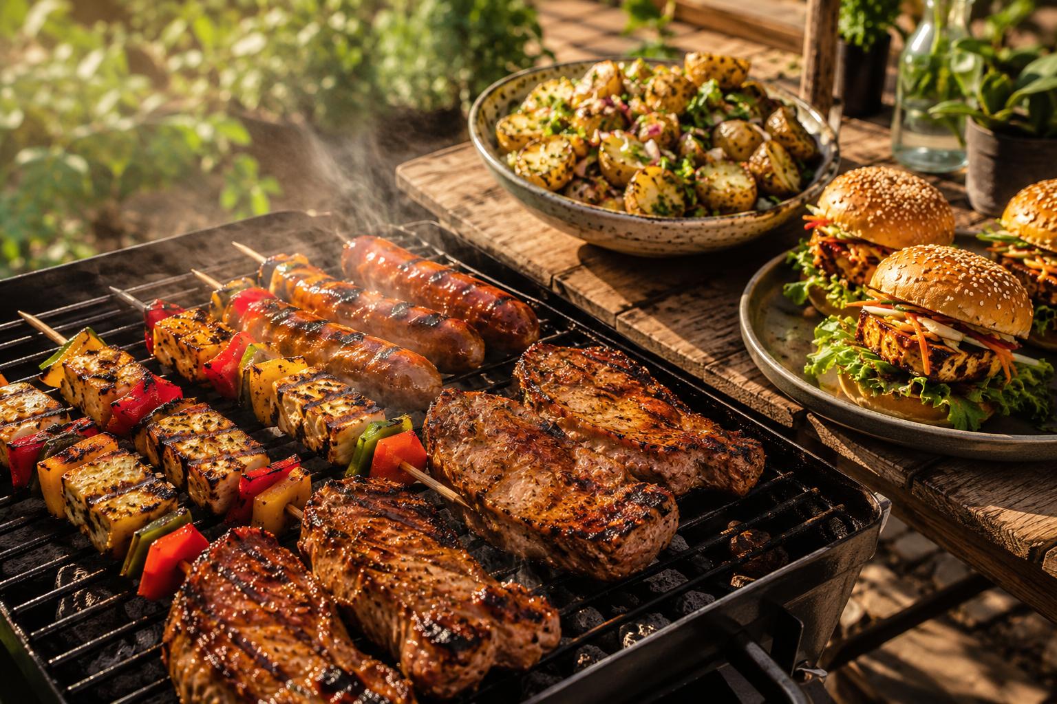 A summer barbecue with halloumi skewers, sausages and pork chops on a smoking grill, with potato salad and tofu burgers nearby.
