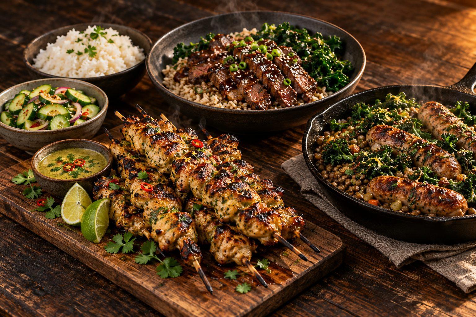 Thai chicken skewers with jasmine rice and a teriyaki beef rice bowl on a table
