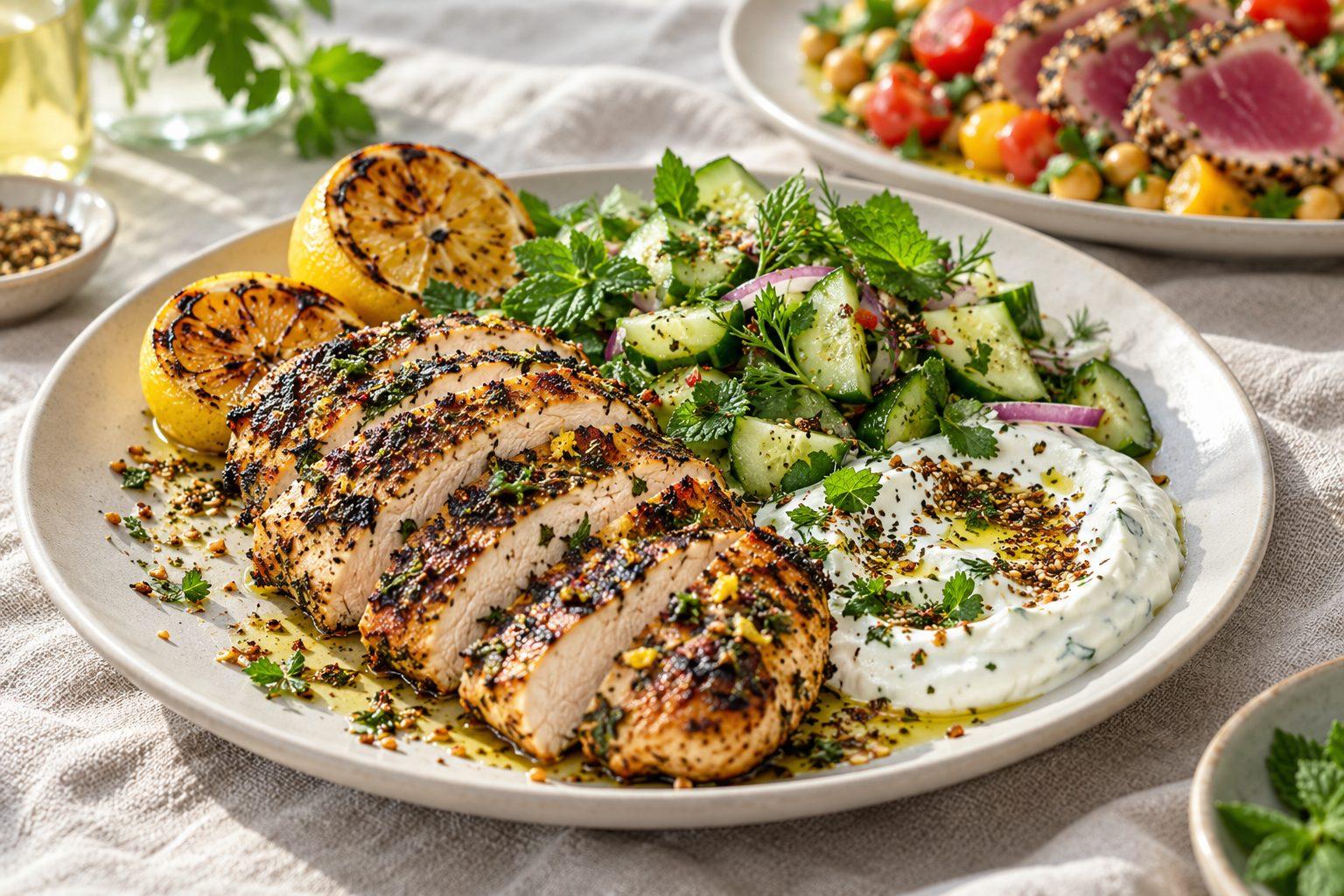 A plate of grilled lemon chicken with minted yogurt and a fresh salad