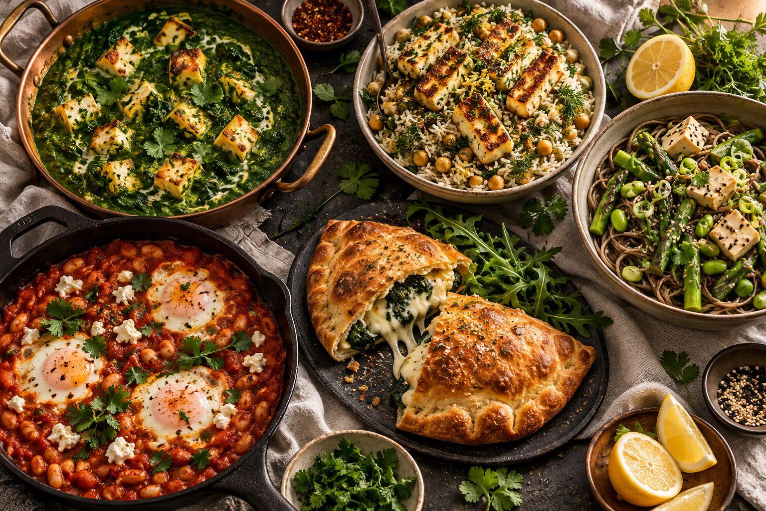 A vegetarian dinner table with paneer curry, halloumi rice and a bean shakshuka