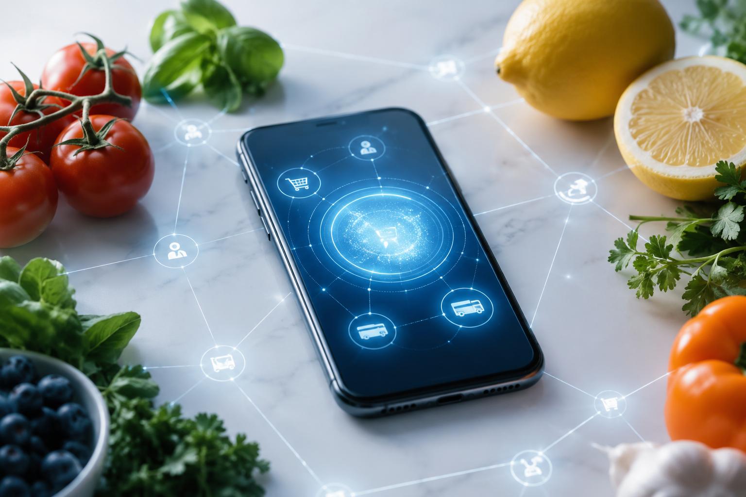 A smartphone with a glowing AI interface beside groceries and a network motif