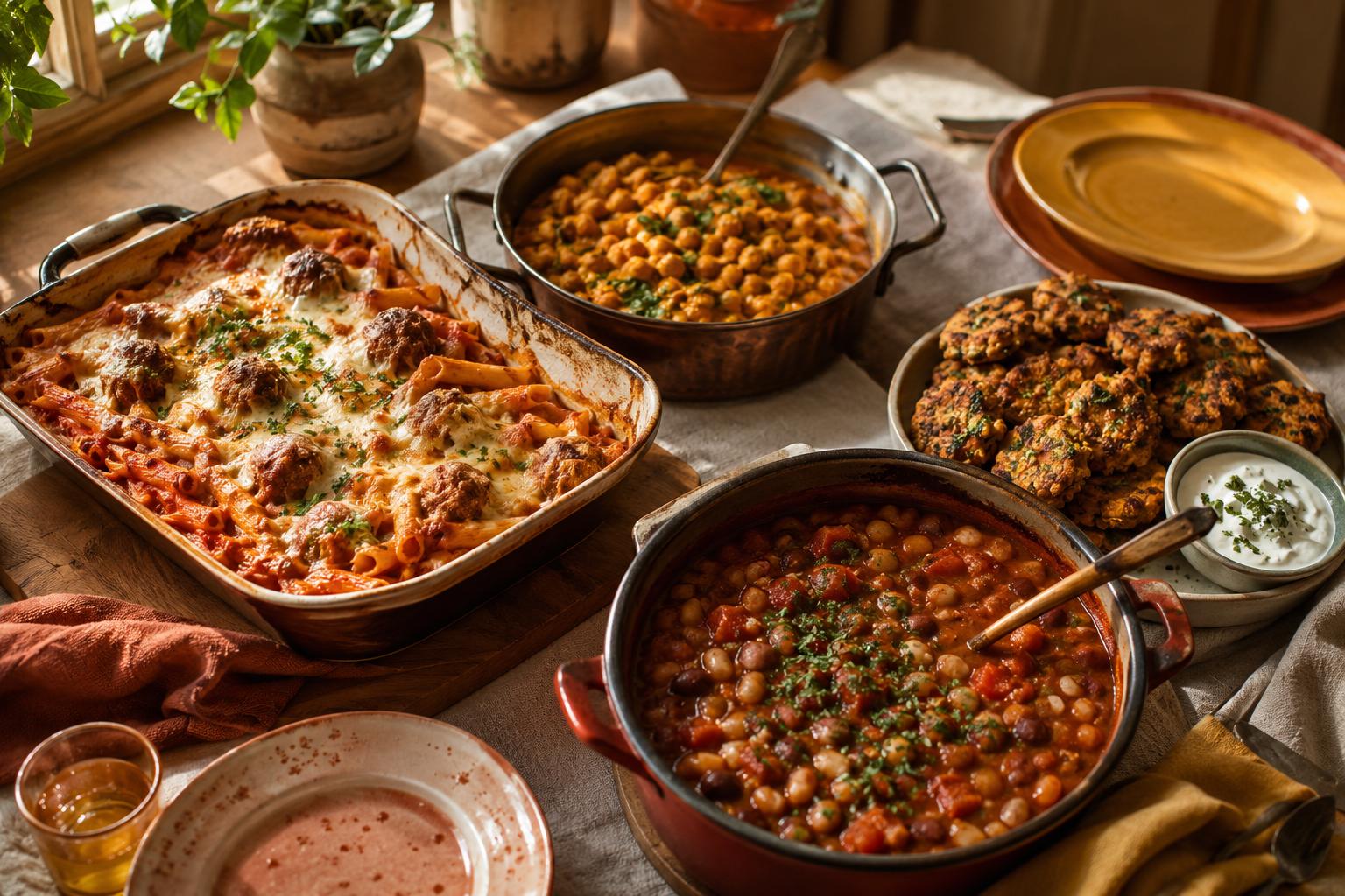 A spread of budget-friendly family dinners including a meatball pasta bake, spiced chickpea curry and lentil fritters on a dinner table