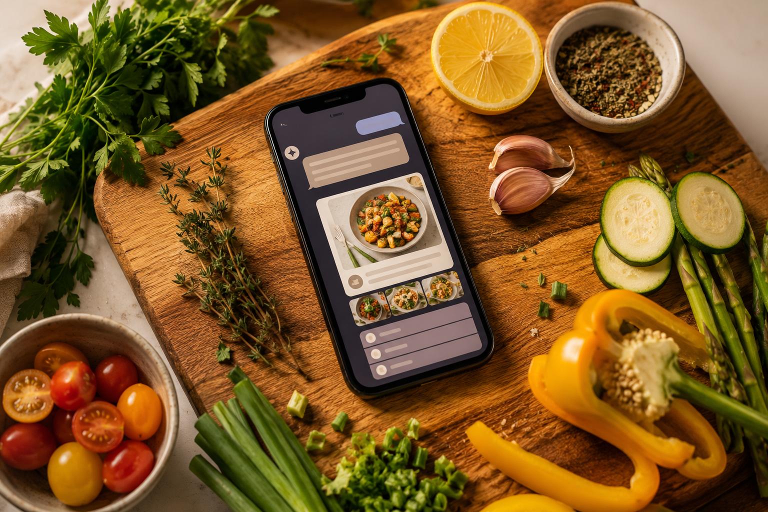 A smartphone showing an AI chat recipe on screen, resting next to a wooden chopping board with fresh ingredients in warm kitchen light