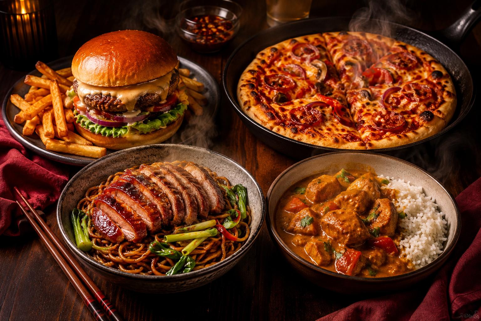 Homemade fakeaway spread with a burger, pizza, duck noodle bowl and chicken curry on a dark wooden table