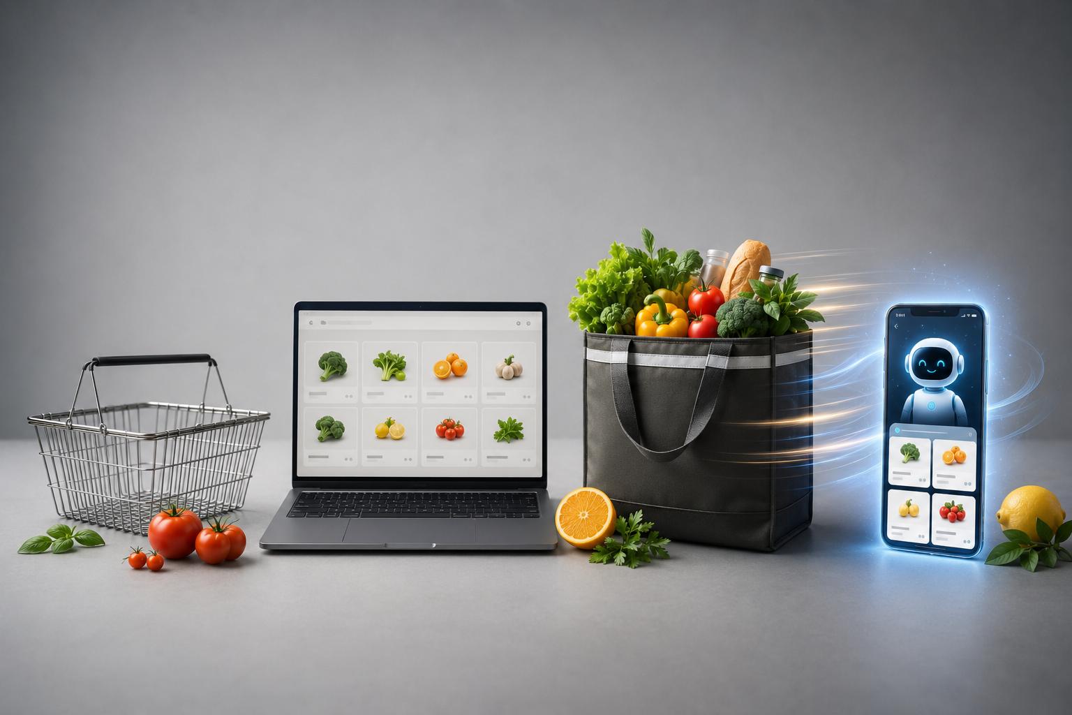 A visual progression from a shopping basket to a laptop to a delivery bag to an AI phone assistant
