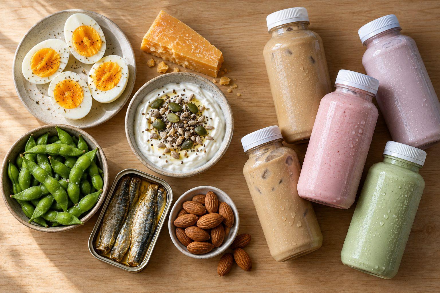 A kitchen counter with boiled eggs, cheese, yogurt, edamame and tinned fish alongside packaged protein drinks
