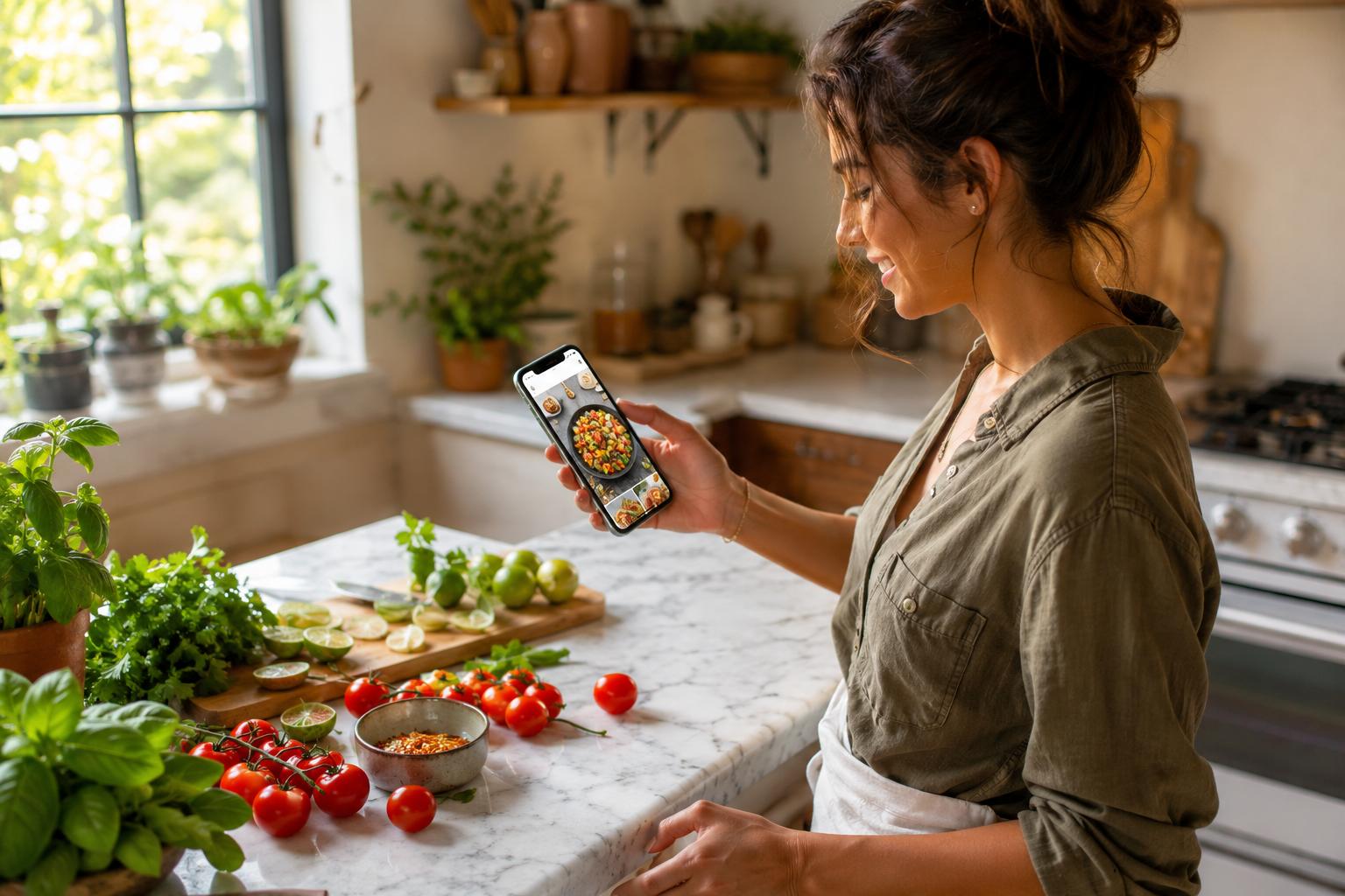 A home cook in a bright kitchen holding a phone showing an Instagram recipe reel, with fresh colourful ingredients laid out on the counter ready to cook