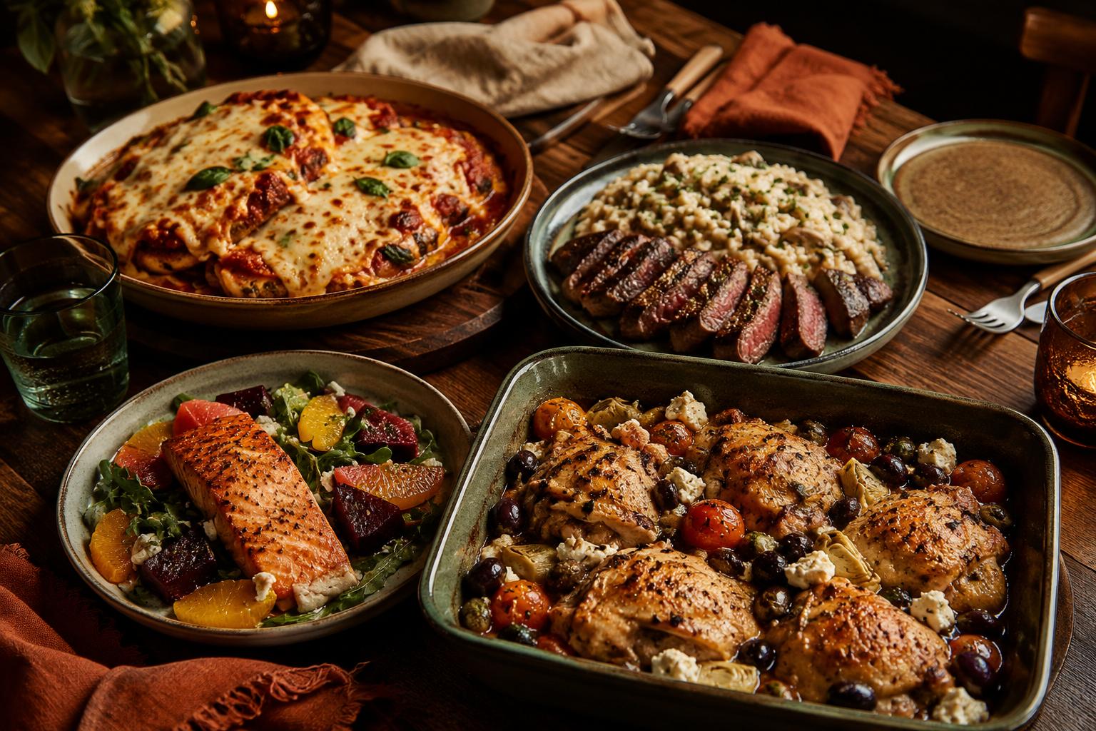 A dinner table with high-protein dishes including baked chicken parmesan, seared steak with risotto and a citrus salmon bowl