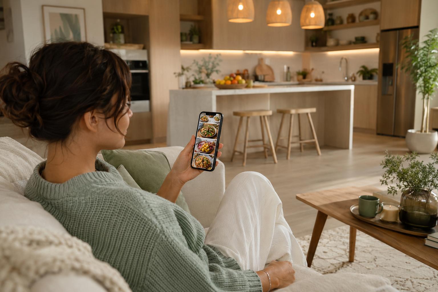 A person relaxing on a sofa browsing colourful recipe cards on a smartphone, with a cosy modern kitchen visible in the background