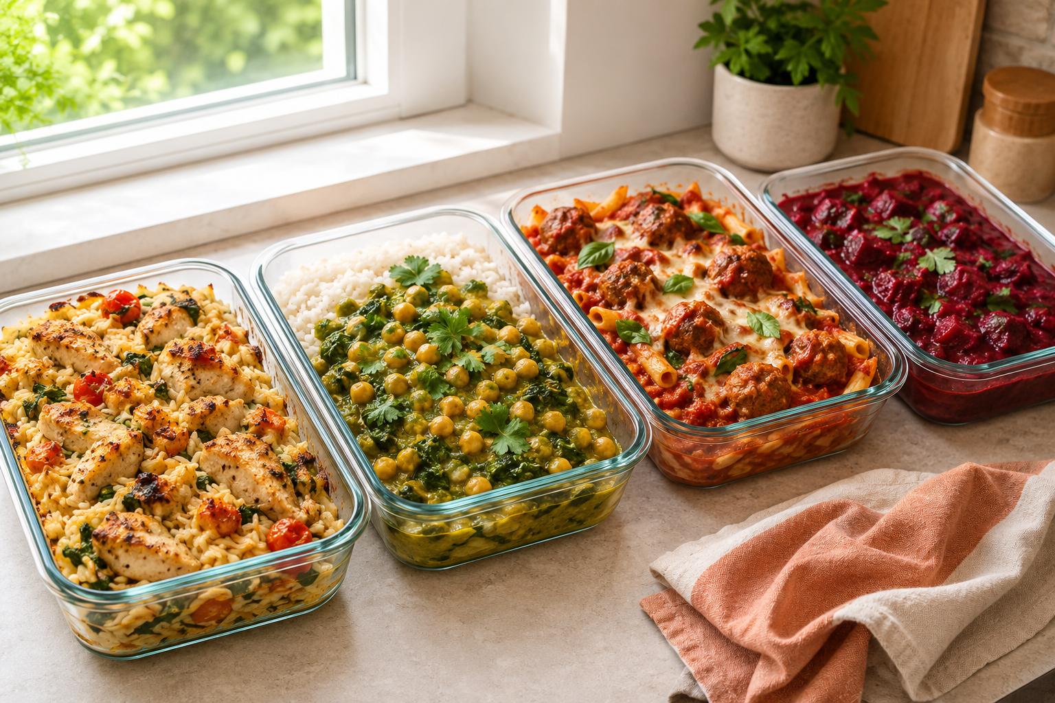 Five glass meal-prep containers filled with portioned dinners including a chicken orzo bake and a chickpea curry