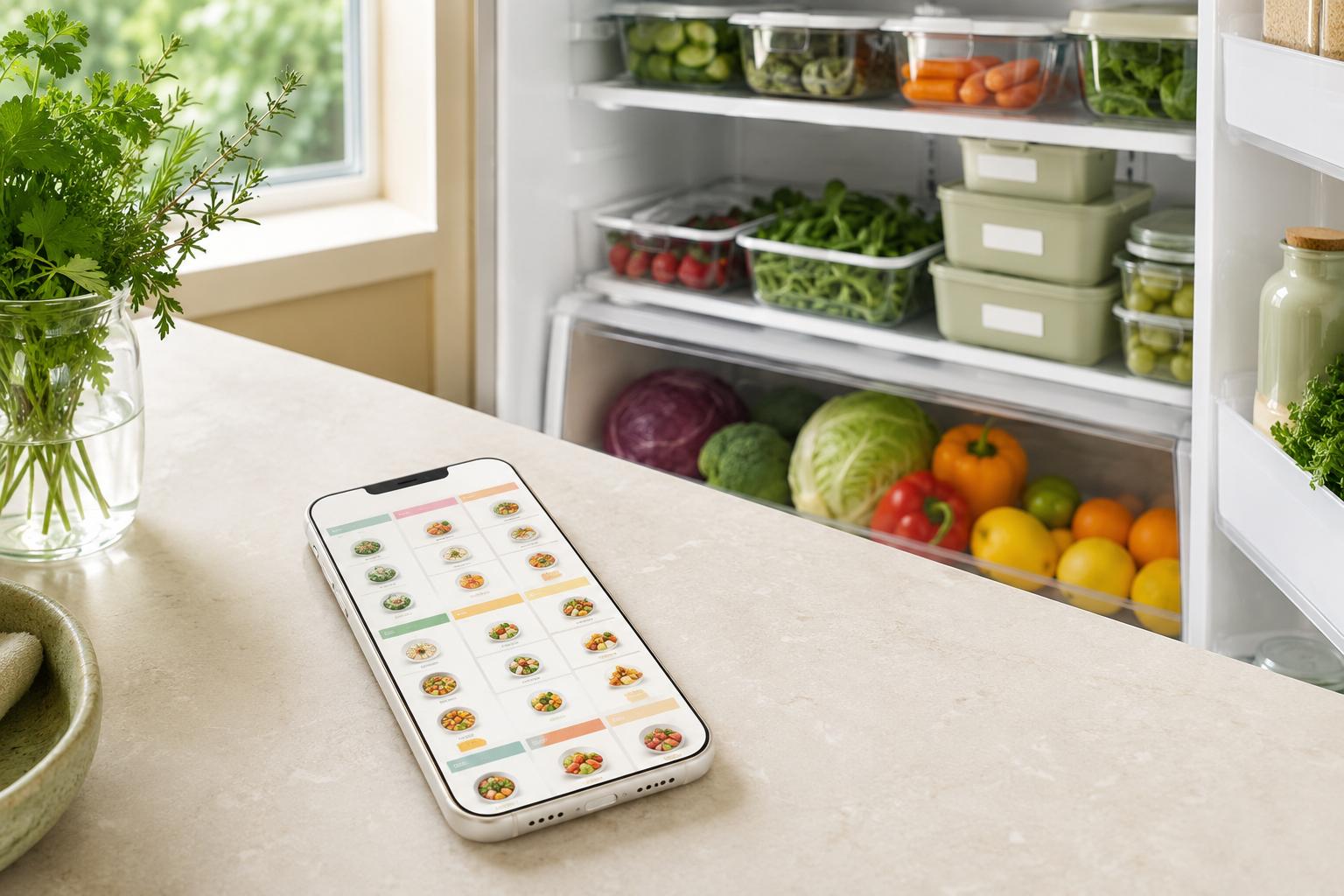A neatly organised weekly meal plan on a phone beside a stocked fridge and fresh groceries on a clean countertop, calm and well-organised