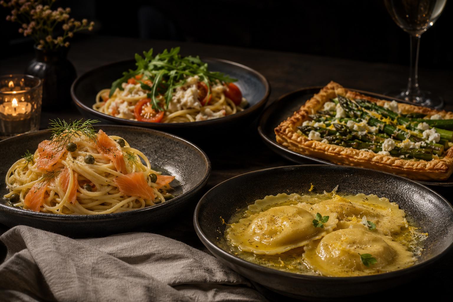 An elegant dinner spread including smoked salmon linguine, crab pasta and an asparagus tart, styled restaurant-style on a dark table
