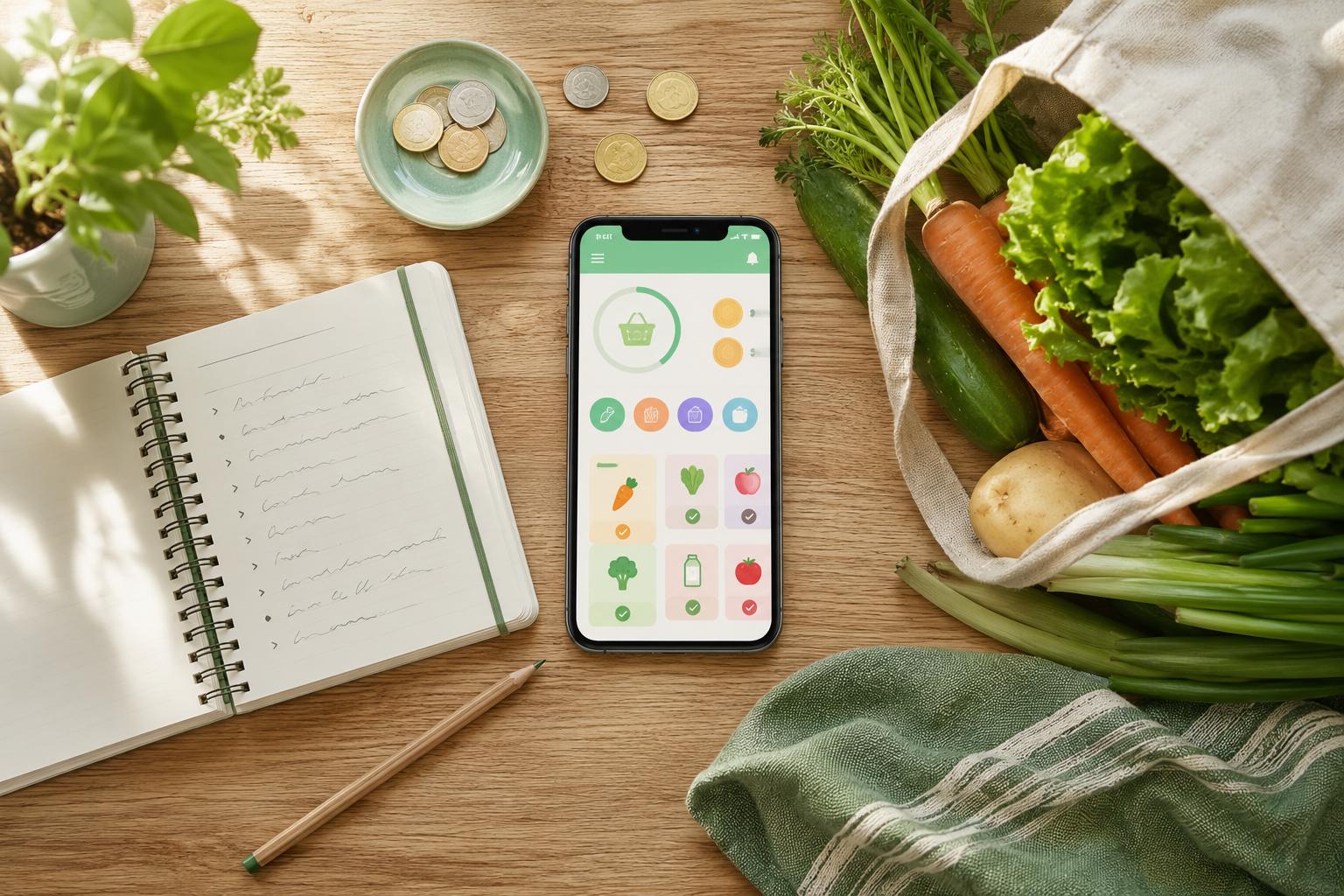 Smartphone with a budget grocery app next to a shopping bag of fresh vegetables and a notebook budget