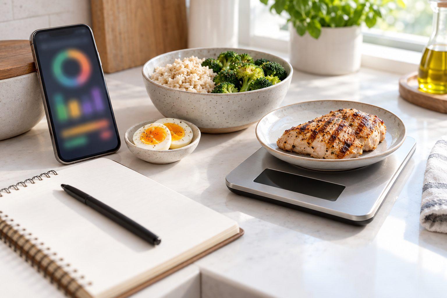 A phone showing a nutrition tracking app beside a kitchen scale, a bowl of chicken and rice and a notebook