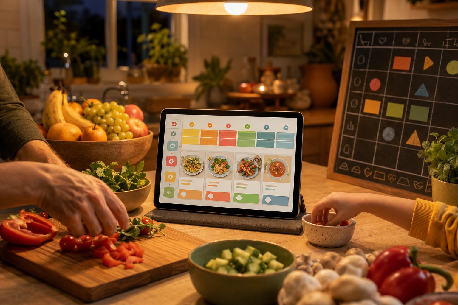 Tablet showing a shared weekly family meal plan on a kitchen counter with a family calendar and fresh produce