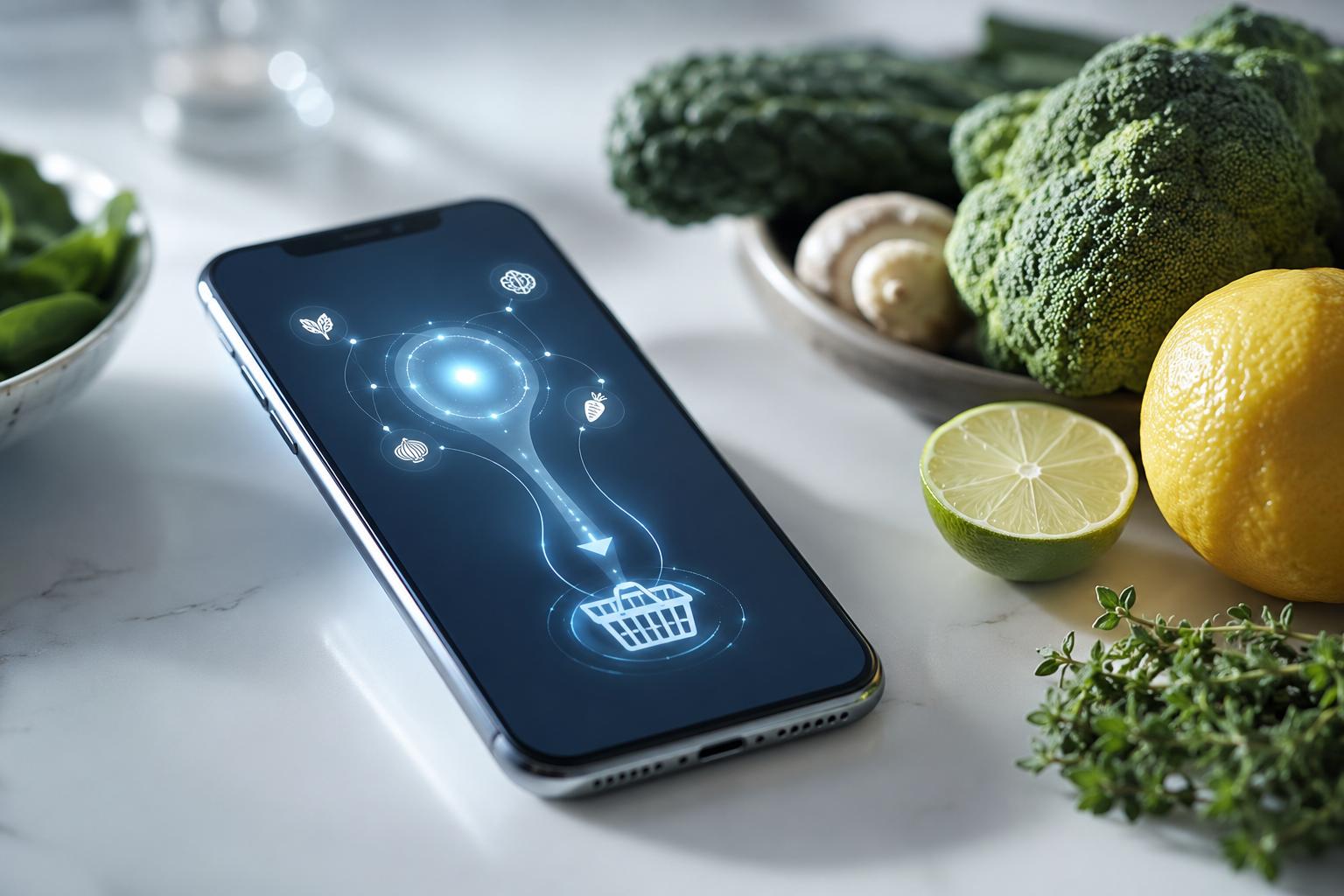 A smartphone showing an AI shopping assistant beside fresh groceries on a clean counter