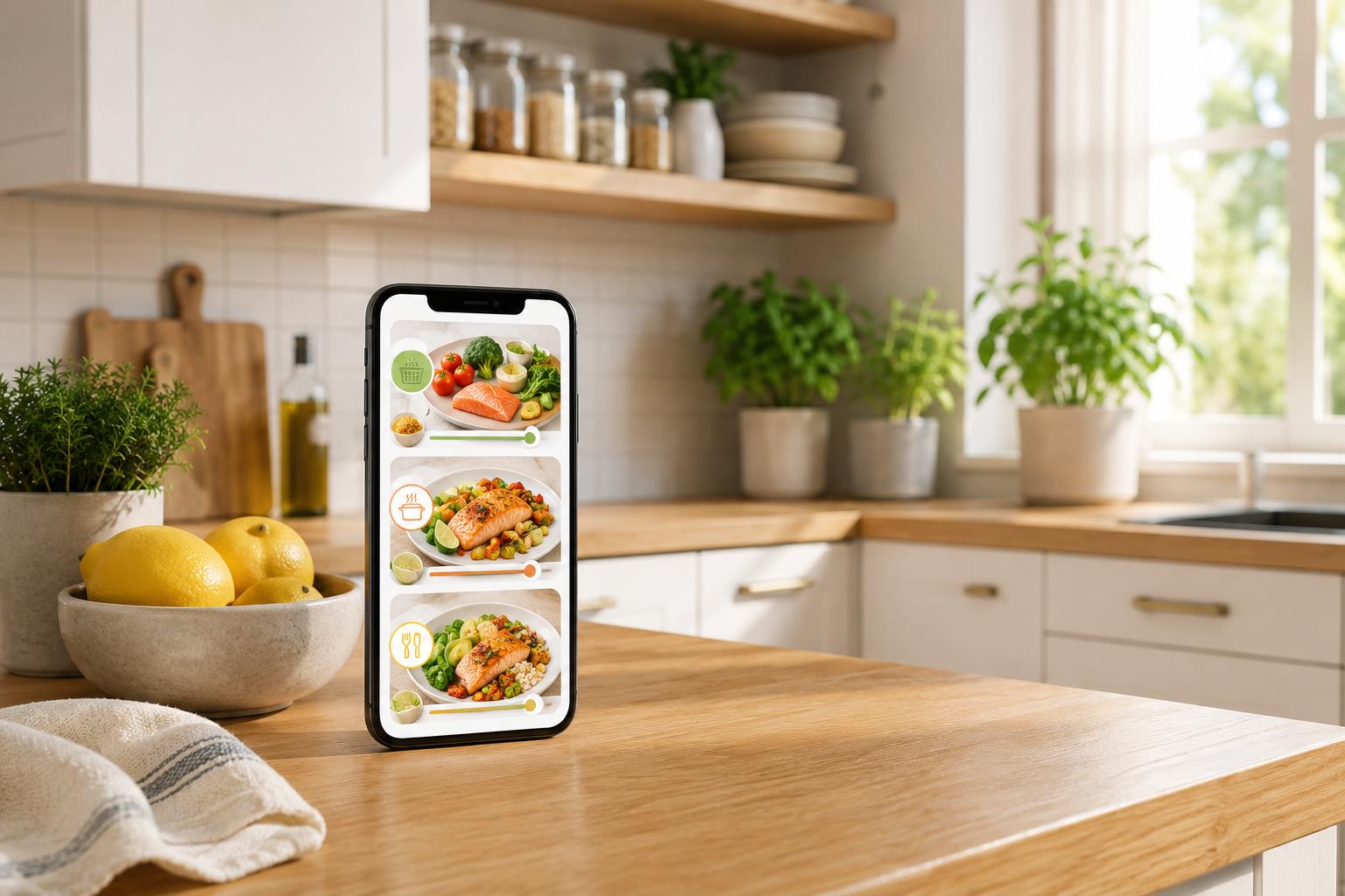 A smartphone showing the Remy three-step app flow beside a well-organised kitchen counter with fresh produce and herbs, bright and welcoming