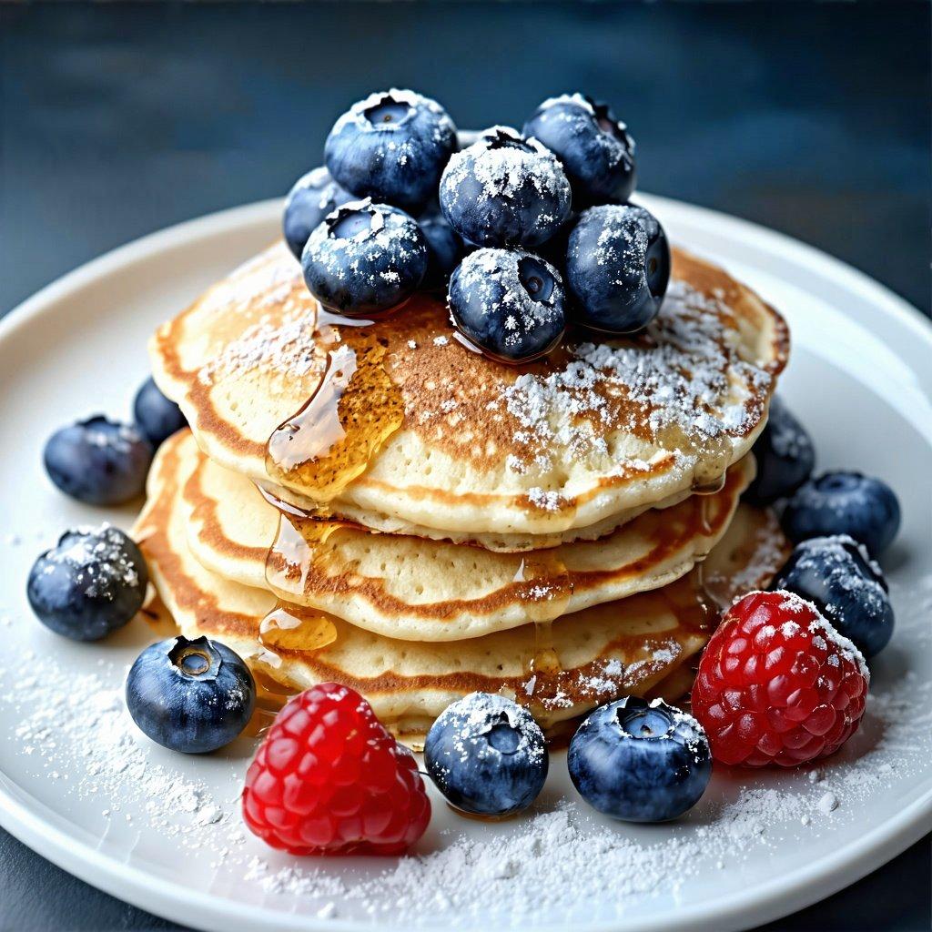A tall stack of golden fluffy buttermilk pancakes topped with mixed berries and a glossy syrup drizzle