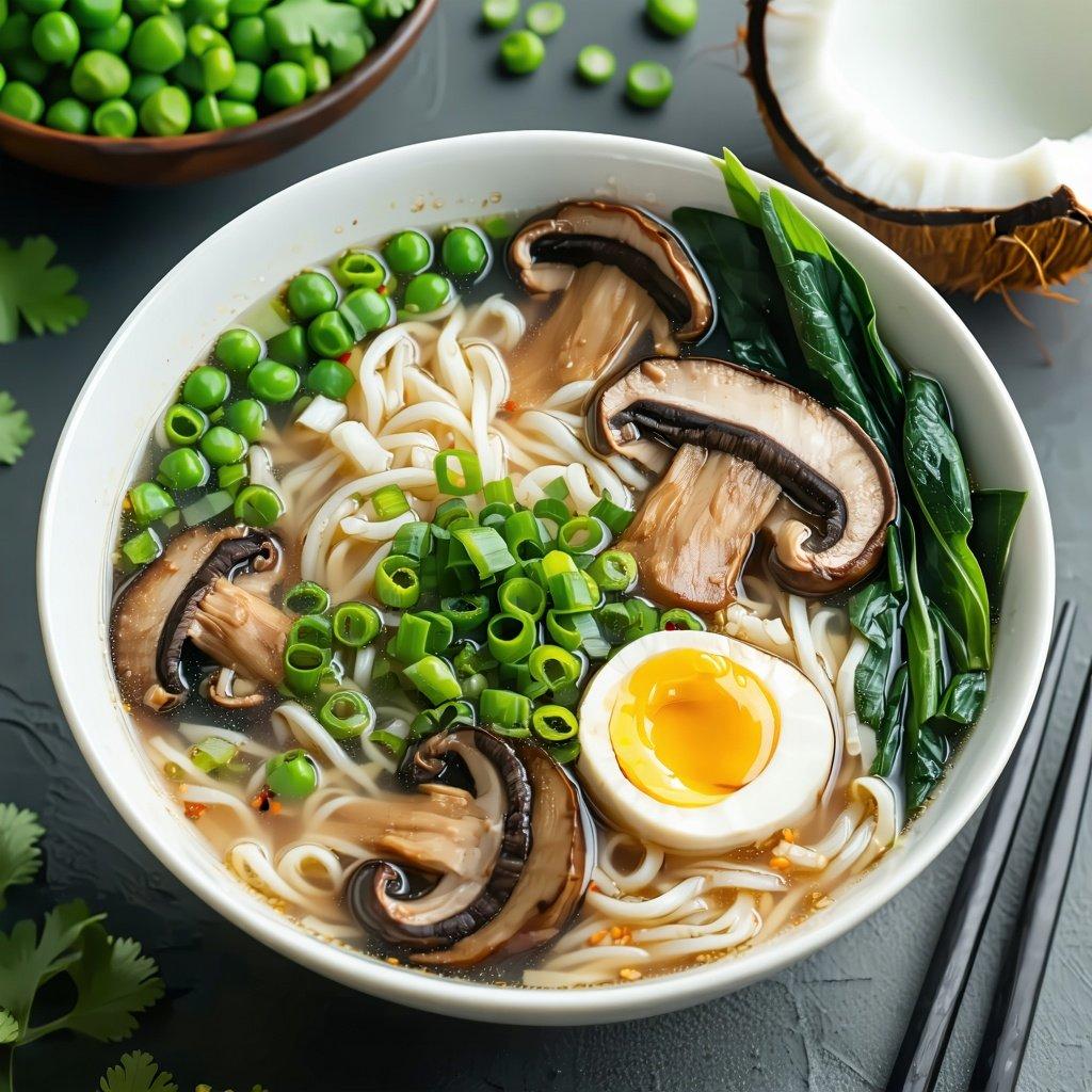 A steaming bowl of coconut mushroom ramen with glossy golden broth, soft noodles, and tender mushrooms garnished on top