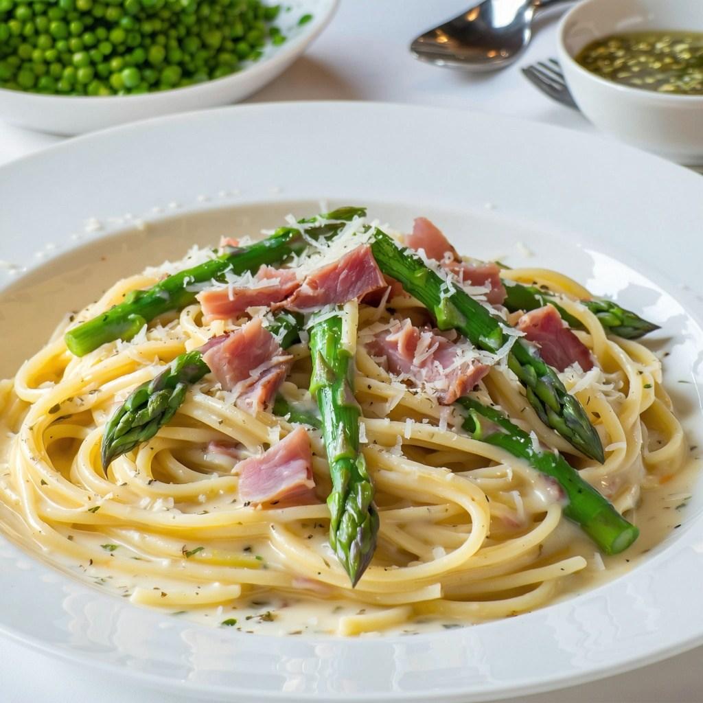 A plate of asparagus and ham pasta in a creamy sauce