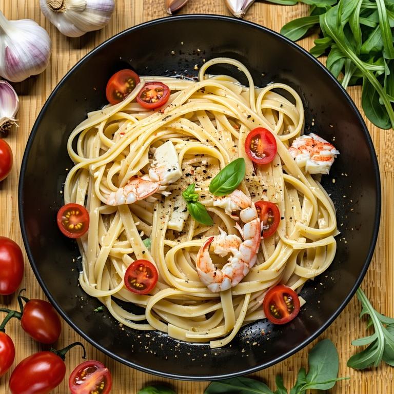 Crab and cherry tomato linguine finished with rocket and lemon