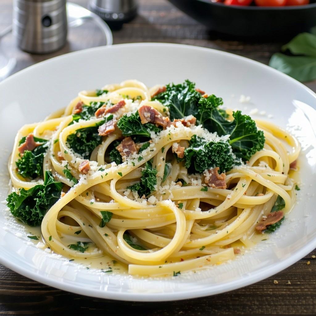 Bucatini pasta with kale, anchovy sauce and crispy breadcrumbs