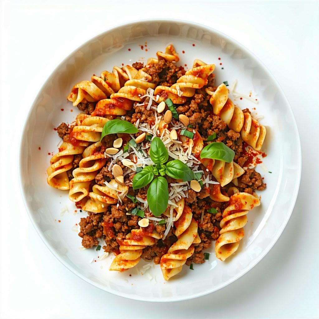 A bowl of spicy lamb fusilli with a creamy yoghurt sauce and pine nuts
