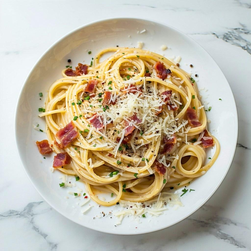 A bowl of classic spaghetti carbonara with crispy pancetta and a rich silky egg and Parmesan sauce