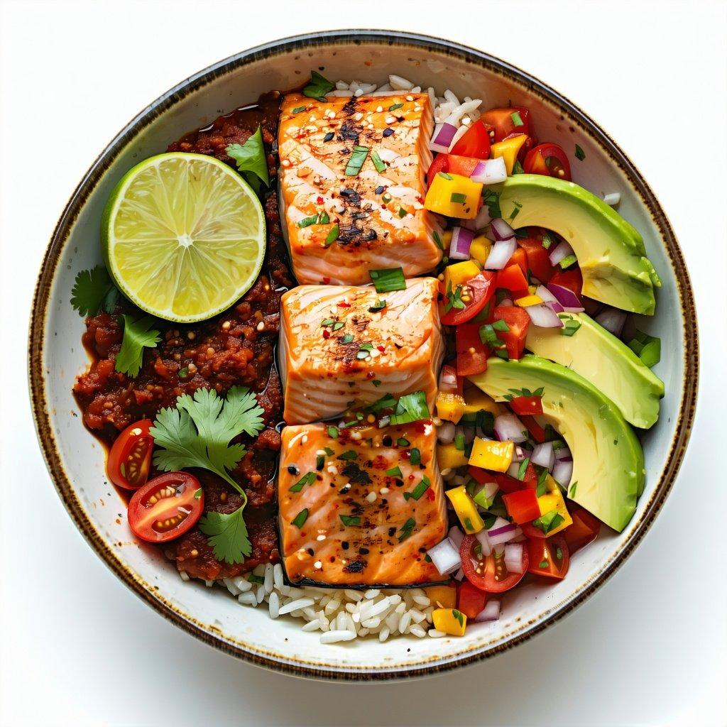 A wide bowl of spicy chipotle salmon with vibrant tomato salsa and fresh garnishes