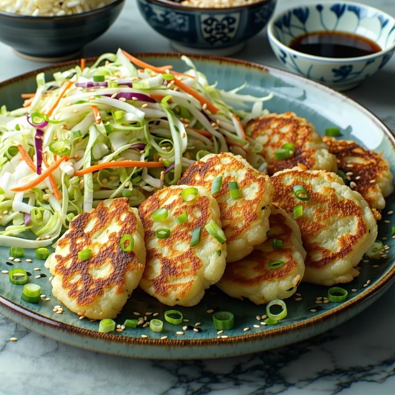 Crispy golden Korean scallion pancakes served with a small bowl of soy dipping sauce and fresh cabbage slaw
