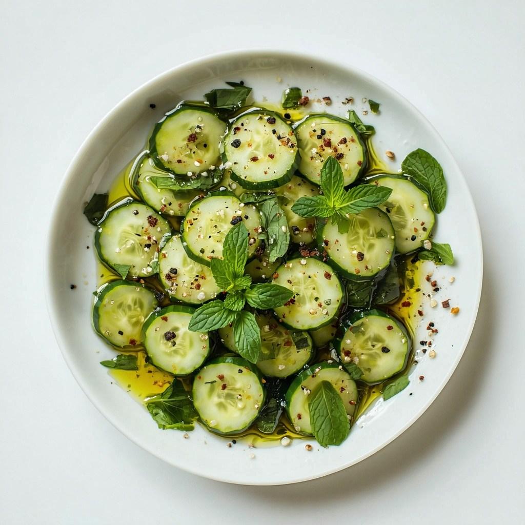 Crisp cucumber and herb salad sprinkled with red sumac in a bowl.