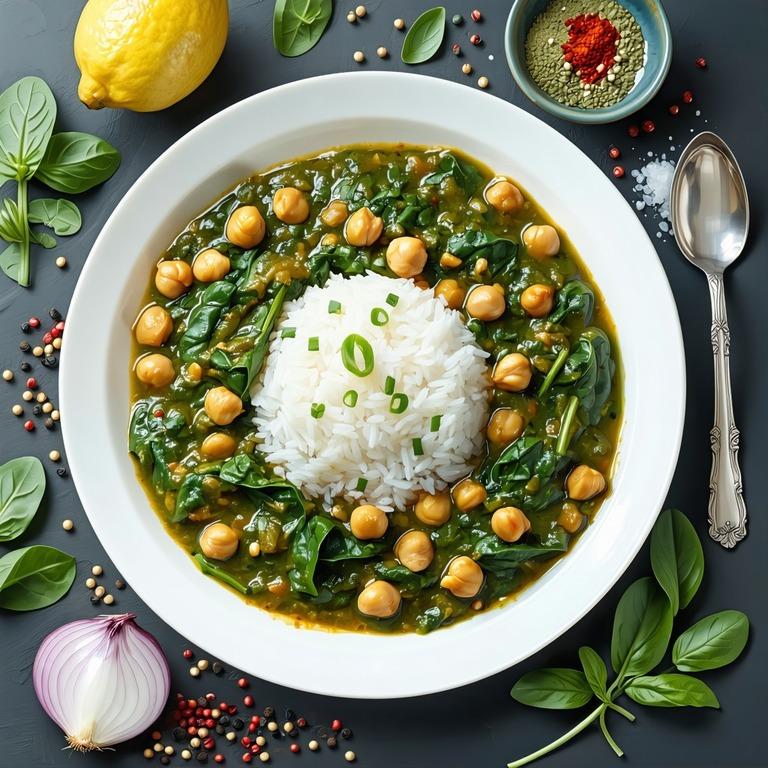 A bowl of vibrant green chickpea curry with creamy coconut and spinach sauce served alongside white rice