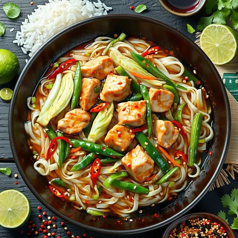 A wok-cooked Thai chicken stir-fry with crisp brightly coloured vegetables, aromatic fresh herbs, and a glossy savoury sauce