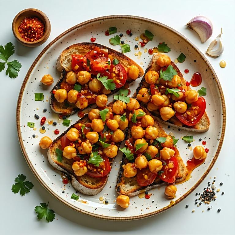 Thick sourdough toast loaded with golden spiced chickpeas and scattered with fresh herbs on a white plate