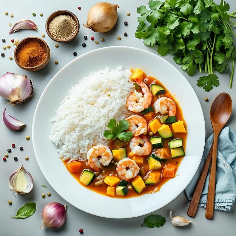 A vibrant mango prawn curry in a dark bowl with golden coconut sauce, plump fresh prawns, and mango pieces