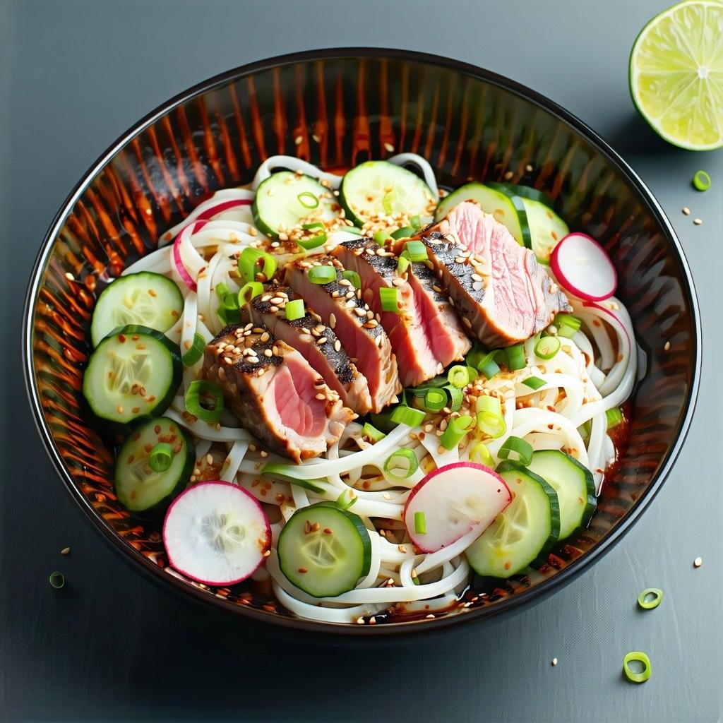Seared tuna slices over rice noodles and vegetables with wasabi dressing.