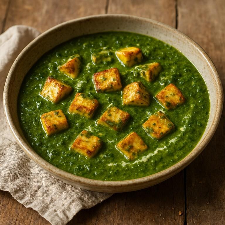 Cubes of golden paneer in a silky bright green spinach sauce