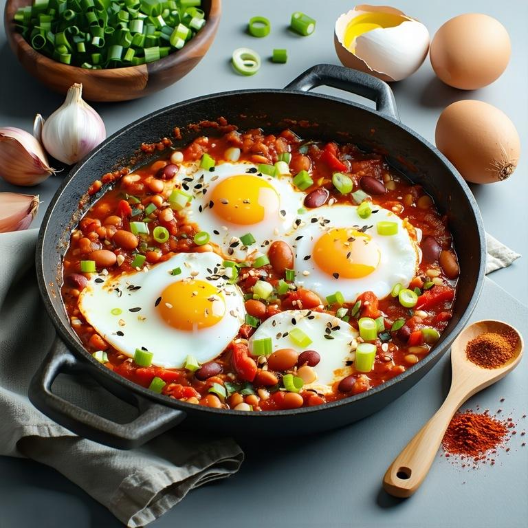 A pan of bean shakshuka with butter beans in spiced tomato sauce and poached eggs