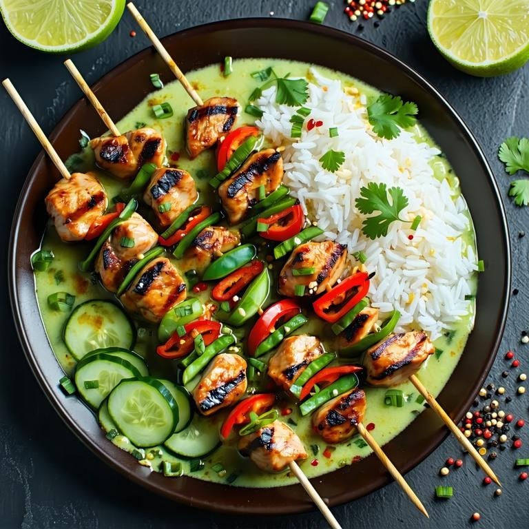 Chargrilled Thai green curry chicken skewers with jasmine rice and cucumber salad