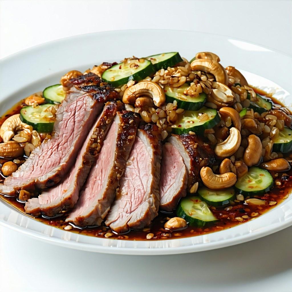 Sliced five-spice duck breast with crisp skin beside stir-fried cucumber