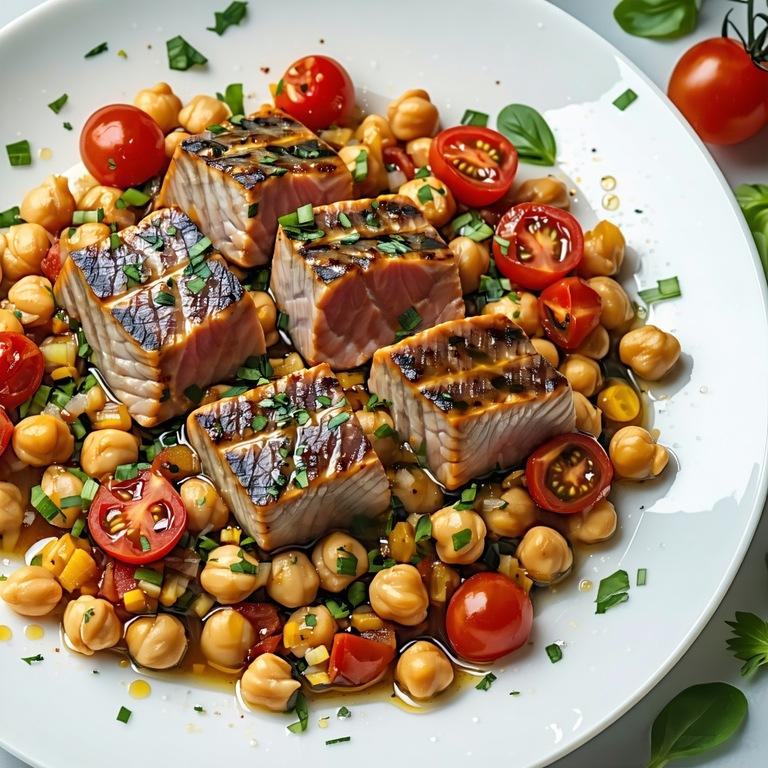 Seared tuna steak sliced over a warm tomato and chickpea medley