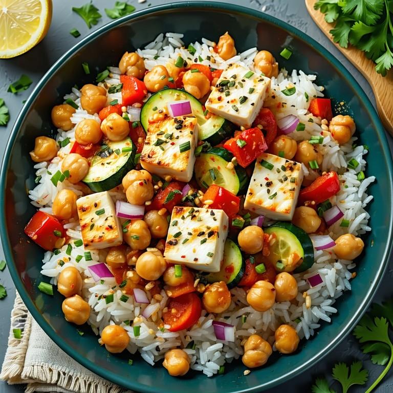 Golden pan-fried halloumi with chickpeas, courgette, peppers and herbed rice