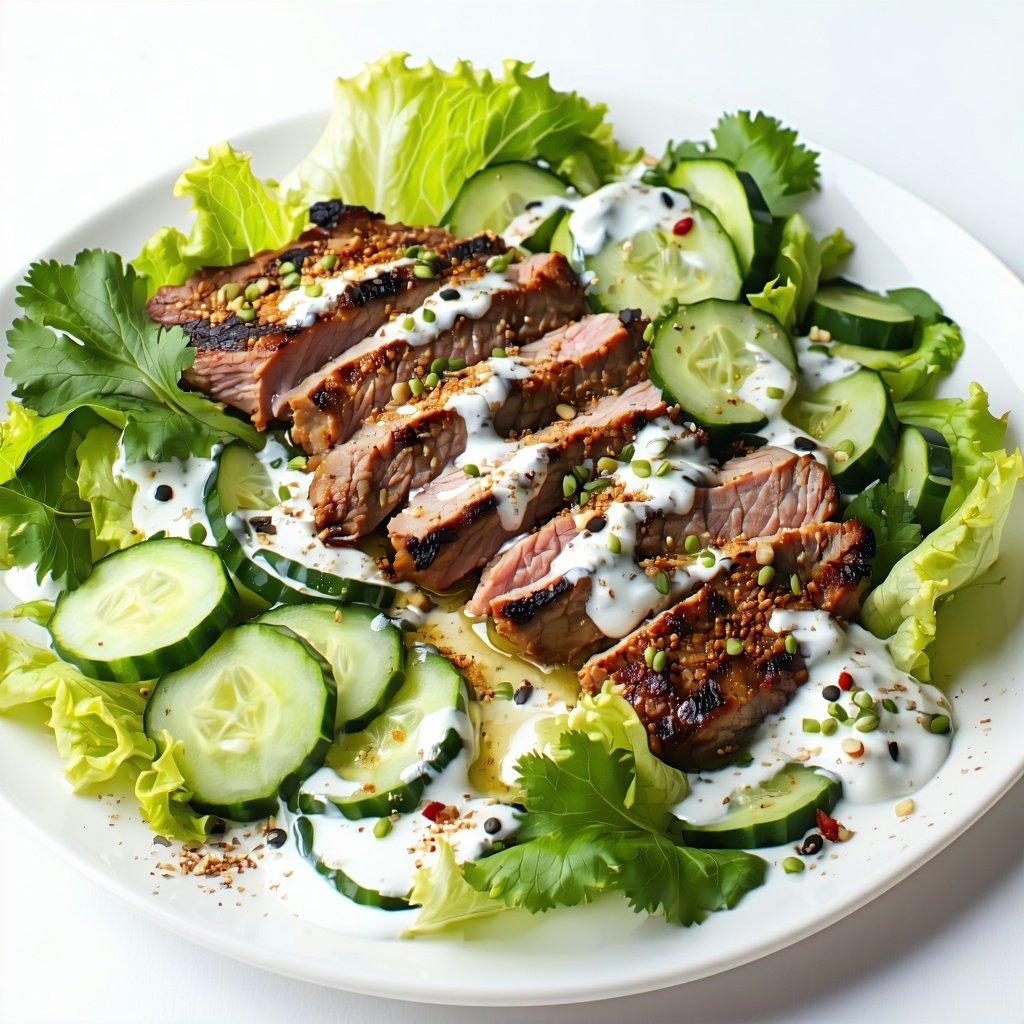 Sliced spiced pork loin served with a cool cucumber and yogurt salad