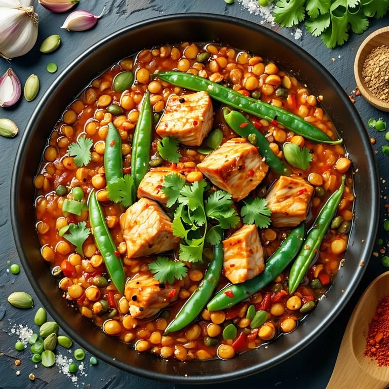 A one-pot bowl of spiced chicken with red lentils, green beans and pumpkin seeds