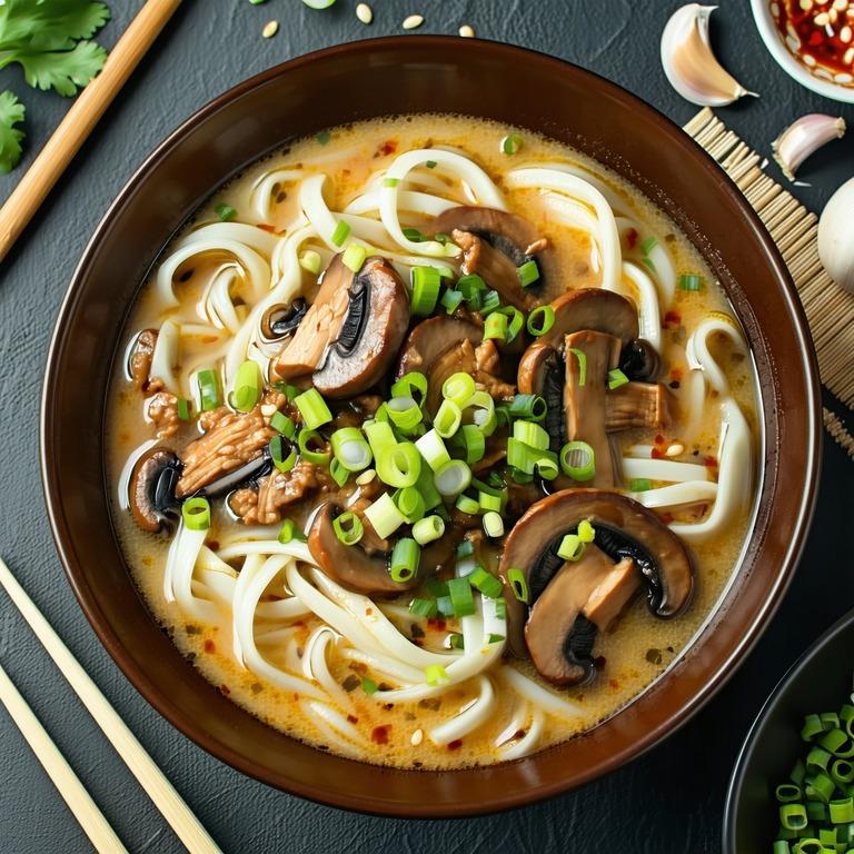 A bowl of thick udon noodles in creamy curry sauce with shiitake mushrooms