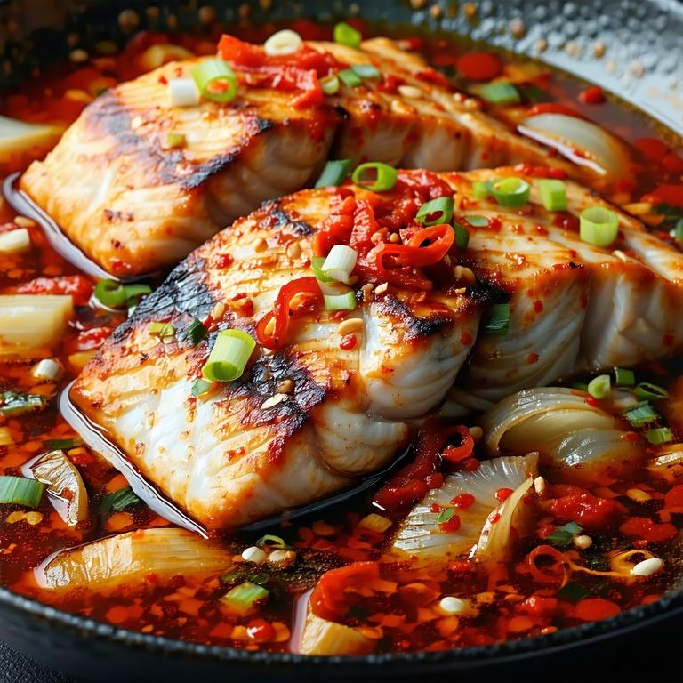 Sea bass fillets braised in a glossy red Korean-style gochujang sauce