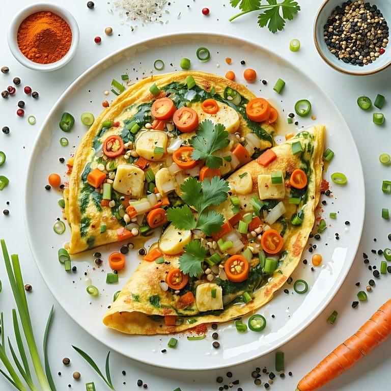 Spiced vegetable masala omelette folded on a plate, garnished with coriander.