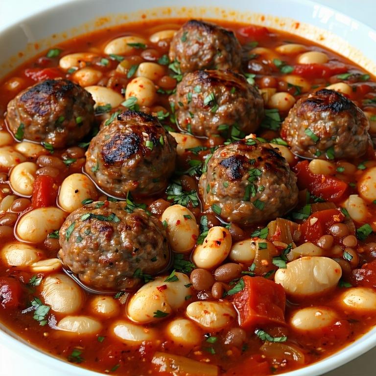 Spicy meatball and bean stew in tomato sauce