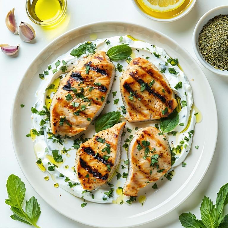 Grilled lemon and herb chicken breast sliced beside a swirl of minted yogurt