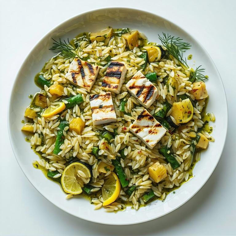 A bowl of zesty orzo pasta with grilled golden halloumi, fresh herbs, and lemon-dressed vegetables